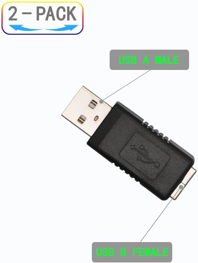 USB 2.0 Adapter, 2 Pack USB Type A Male to Type B Female Printer Scanner Cord, for Hard Drive Scanner Adapter