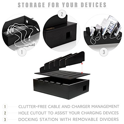 Prosumer's Choice Black Family Charging Station, 5 Device Organizer Charger for Smartphones and Tablets, Wooden Rack