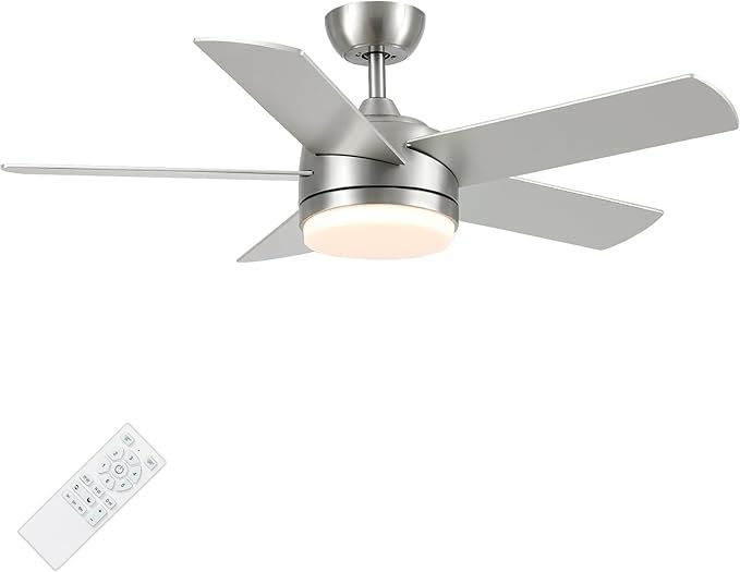 YUHAO 44 Inch Brushed Nickel Ceiling Fan with Light and Remote Control.Noiseless,Dimmable,3CCT,6 Speeds Reversible, DC Ceiling Fans for Indoor or Covered Outdoor