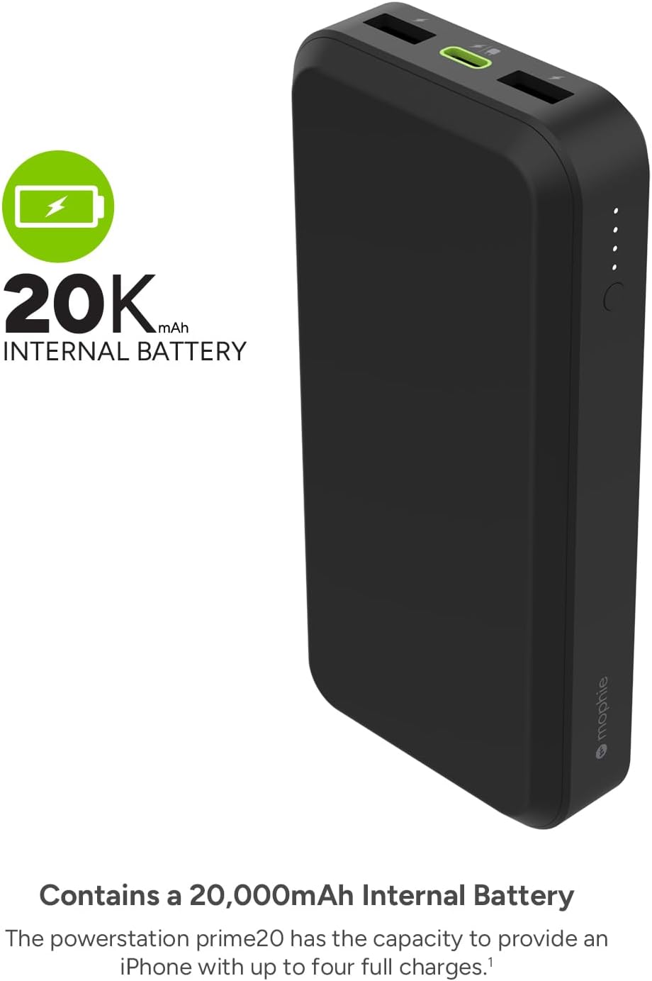 mophie powerstation prime20 - Ultra-Compact Portable Power Bank with 20,000mAh Internal Battery, 18W USB-C PD Fast