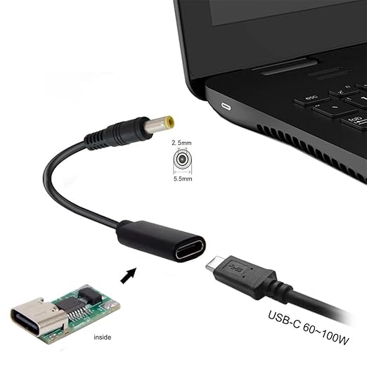 NFHK Type C USB-C Female Input to DC 5.5 * 2.5mm Power PD Charge Cable fit for Laptop 18-20V 20cm