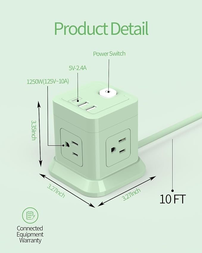 Cube Power Strip, FDTEK 4 Widely Spaced Outlet with 3 USB (1 USB C) Flat Plug Power Strips with Long Extension Cords Space Save Compact Portable for Travel Home Office Cruise - 10FT Green
