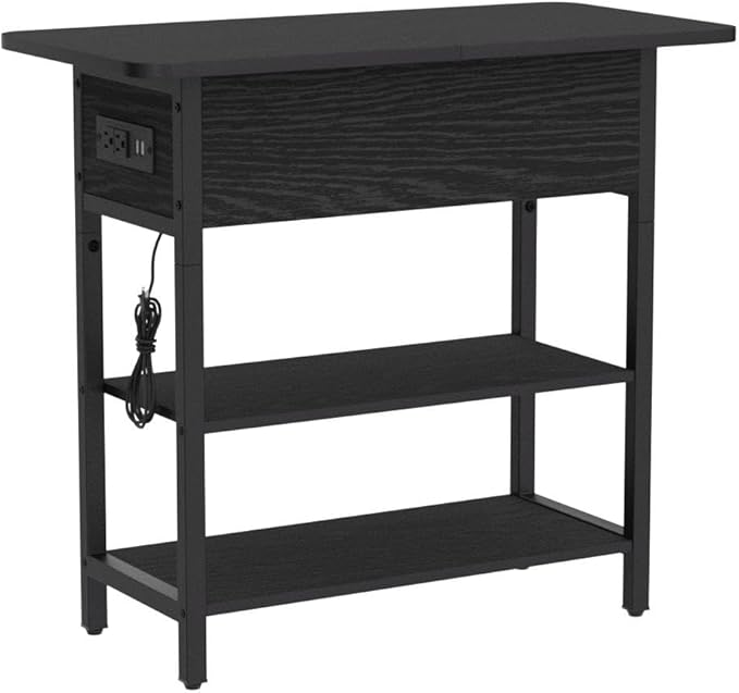 Yoobure End Table with Charging Station, Flip Top Side Table with USB Ports and Outlets, Sofa Couch Table Bedside Table for Living Room Bedroom, Narrow Nightstand with Storage Shelves for Small Space