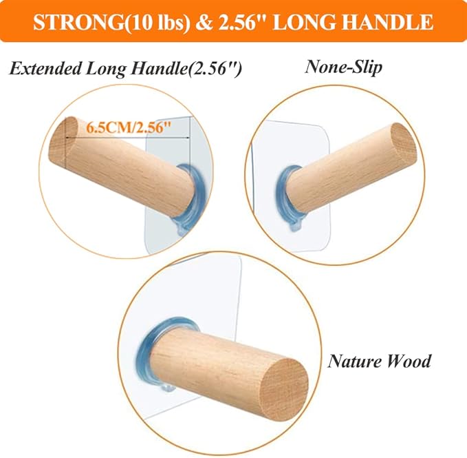 FOTYRIG Adhesive Hat Hooks Hat Hangers 10lbs Sticky Wall Rack for Baseball Caps, Bucket Hats, Cowboy Hats, Extended Wooden Pegs Handmade - Bathroom Door Cloest Entryway Wardrobe-8 Pack