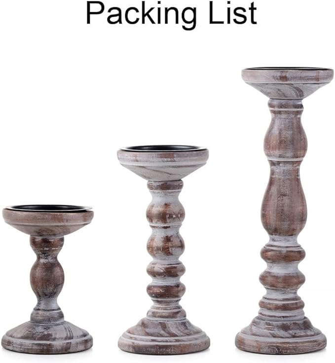 Wood Pillar Candle Holder: 3Pcs Rustic Candle Holders for Pillar Candles Wood Candle Holders Distressed Wooden Farmhouse Large Candle Holder for Fireplace Table (Brown, 6", 8", 12")