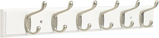 Franklin Brass Heavy Duty (1-Pack) 27' Coat/Hat Rack Wall Mount Pure White 6 Hooks Mounted Hanging Rail for Clothes, Towels, Purses, Bags, Kitchen, Entry, Closet Organizer FBHDCH6-WSE-R