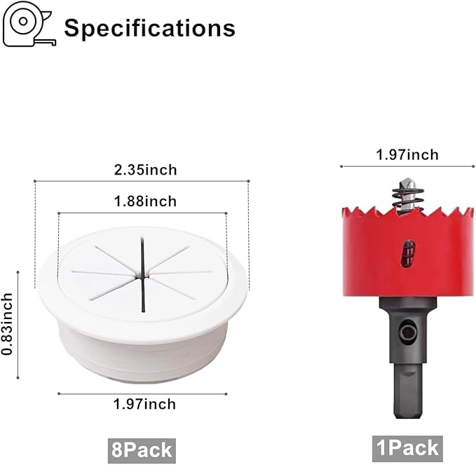 8 Pack TV Wire Hider for Wall, 1.97 Inch (50mm Hole) Cord Hider in Wall Cable Management Kit, Includes 8 Pass Throughs and 1 Hole Saw Drill Attachment Easy to Install