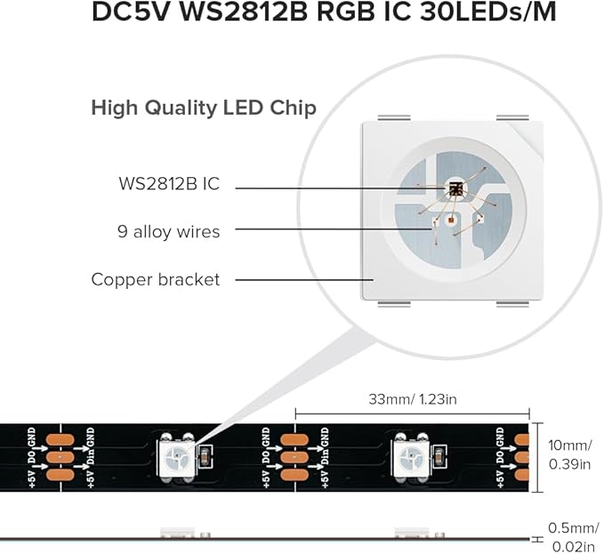 SEZO WS2812B ECO LED Strip Light 16.4FT/5M 30LEDs/m 150Pixels Individually Addressable Programmable 5050SMD Digital RGB Alloy Wires Flexible Dream Color IP30 Non-Waterproof PCB Black DC5V