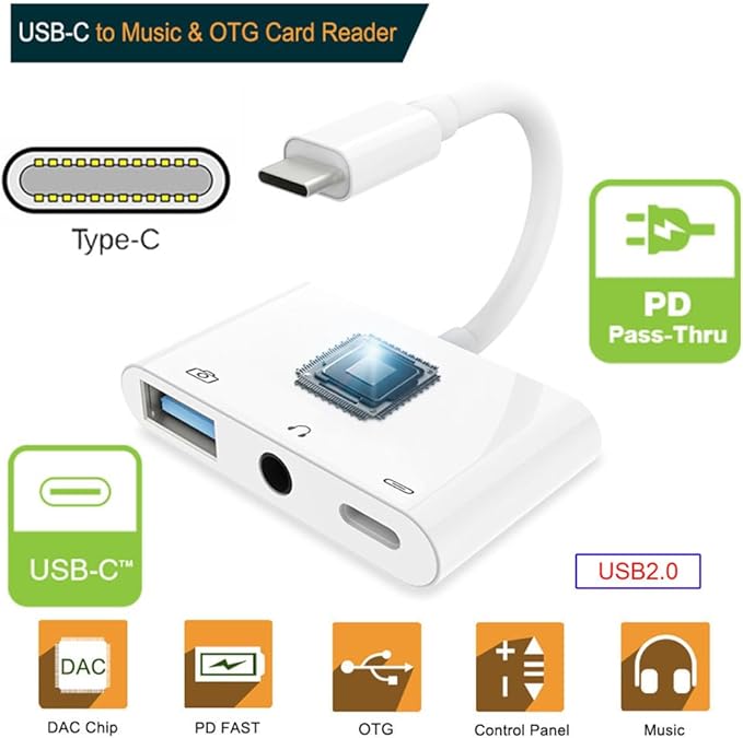 NFHK Type C USB-C to 3.5mm Audio AUX & Type-A USB2.0 OTG Female with PD Power Charge Adapter Compatible with Laptop Tablet Phone