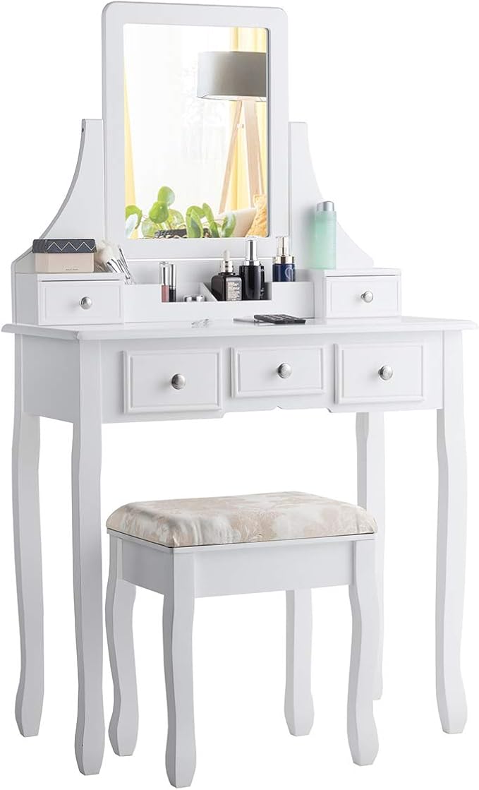 CHARMAID Makeup Vanity Set with Mirror and Cushioned Stool, Dressing Table with 5 Drawers and Removable Storage Organizers, Bedroom Makeup Table with Stool for Women Girls (White)