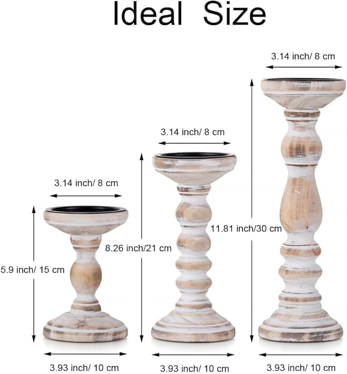 Wood Pillar Candle Holder: 3Pcs Rustic Candle Holders for Pillar Candles Wood Candle Holders Distressed Wooden Farmhouse Large Candle Holder for Fireplace Table (White, 6", 8", 12")