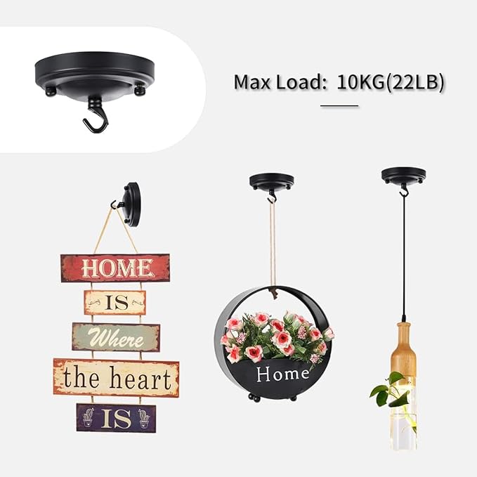 Upgraded Version 4.1Inch Light Canopy Kit Black, Chandelier Hook with Mounting Hardware, Iron Ceiling Canopy Kit for Pendant Light, Ceiling Hooks Cover Plate, Easy to Install, Varied Sizes