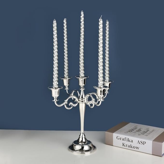Black Candelabra Candle Holders for Pillar Candles 10.6 inch Tall, 5 Candle Candlestick Holder for 1/2-1 inch Taper Candles Halloween Candelabra Decoration Easy Assembly (Silver)