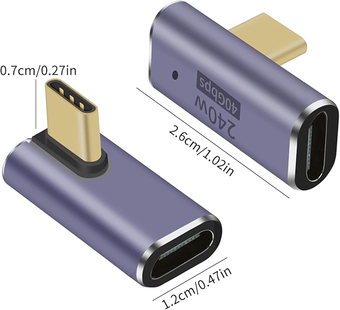 USB C 90 degree, Right Angle Adapter, Female to Female Adapter 240W PD, 40Gbps and 8K video]supports Thunderbolt 4/3 cable for laptops, tablets and phones (2 packs) (240w right angle usb c adapter)