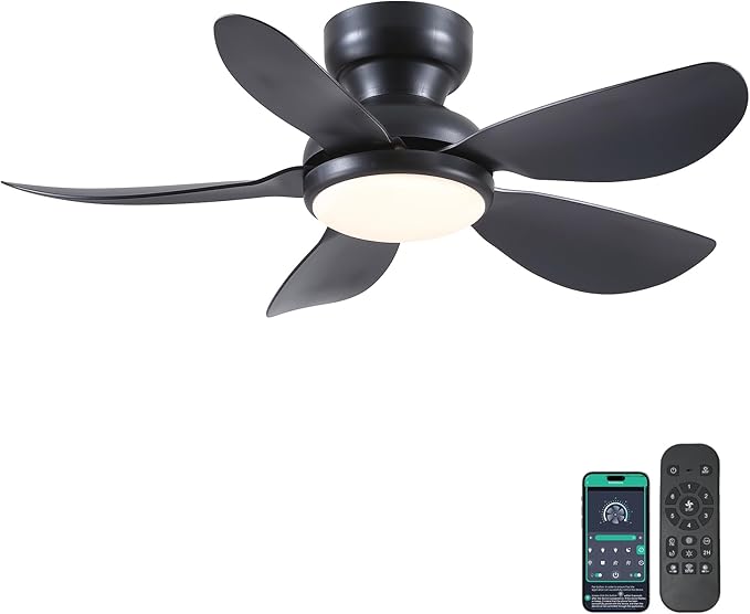 36 Inch Modern Ceiling Fans with Lights, Small Flush Mount Ceiling Fan with Light and Remote/APP Control, 5 Reversible 6 Speeds Curved Blades, 3 CCT Dimmable Lights for Bedroom, Black