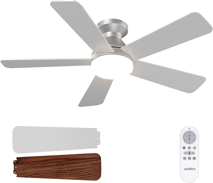addlon Ceiling Fans with Lights, 42 Inch Low Profile Ceiling Fan with Light and Remote Control, Flush Mount, Reversible, 3CCT, Dimmable, Quiet, Silver Small Ceiling Fan for Bedroom Indoor/Outdoor Use