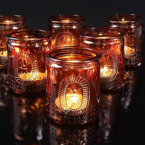 12 Pcs Vintage Amber Votive Candle Holders- Glass Amber Candle Holder for Centerpiece Table Decorations, Tea Light Candle Holders for Wedding Decor, Fall Decor, Thanksgiving and Christmas