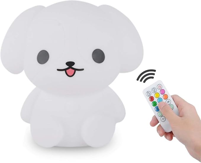 Night Light Kids with Cute Dog Design Baby Children's Room LED Bedside Lamp with Changeable RGB Colors Rechargeable Night Light Compatible with Touch-Control & Remote Control - Dog