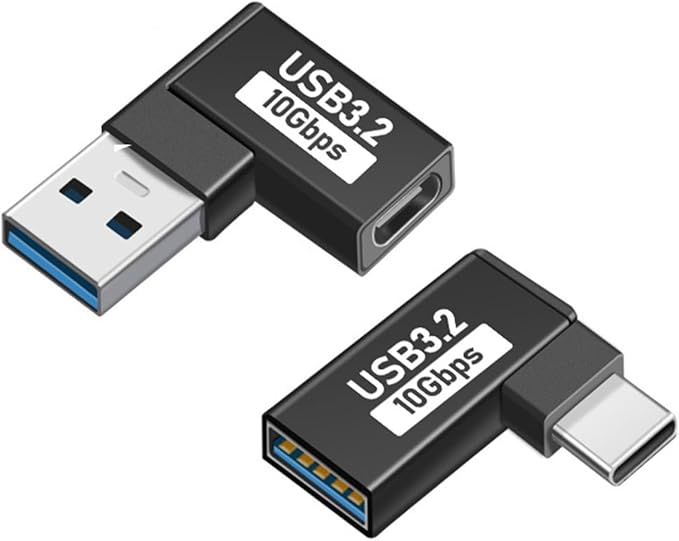 USB-A to USB-C Adapter (2-Pack), USB 3.2 for Charging, Data Transfer & OTG Aluminum 90 Degree Right Angle Conversion - Black