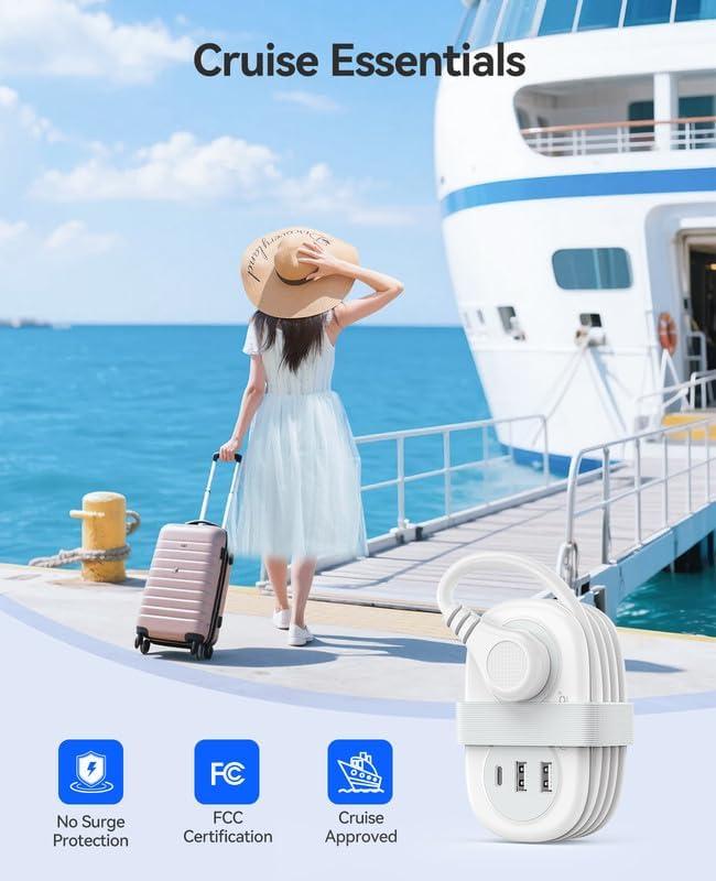 ORICO Travel Power Strip, 3.7FT Small Extension Cord, Portable Power Strip Flat Plug with 2 AC Outlets 3 USB Ports (1 USB C), Multi Plug Extension Cord for Travel, Cruise, Office, Hotels