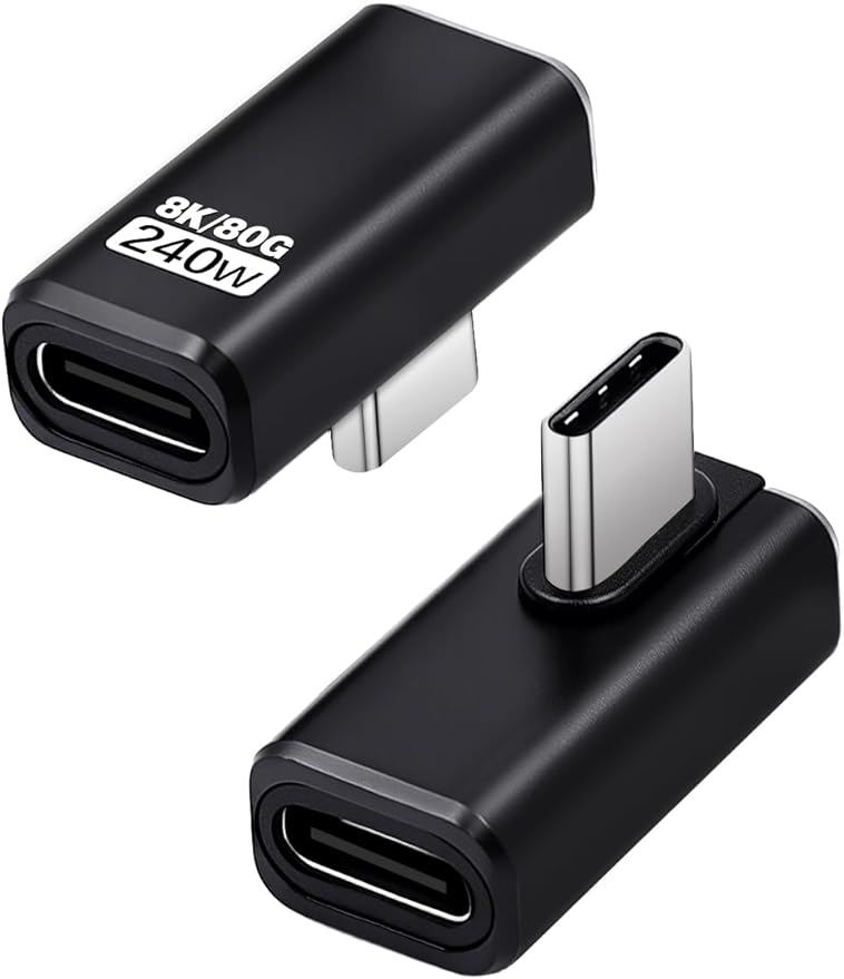 Duttek 90 Degree USB C Extender Adapter [240W 80Gbps 8K@60Hz], USB C Right Angle Adapter, Type C Extender for Thunderbolt 5/4, MacBook, Switch, iPhone 16/15 2 Pack