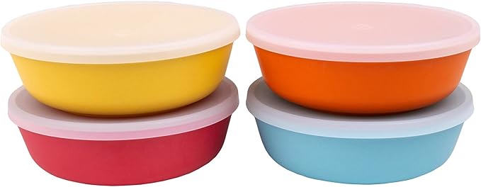 WeeSprout Bamboo Kids Bowls with Lids, Set of Four 15 oz Kid-Sized Bamboo Bowls, Bamboo Kid Bowls with Lids for Leftovers, Dishwasher Safe (Blue, Yellow, Orange, & Red)