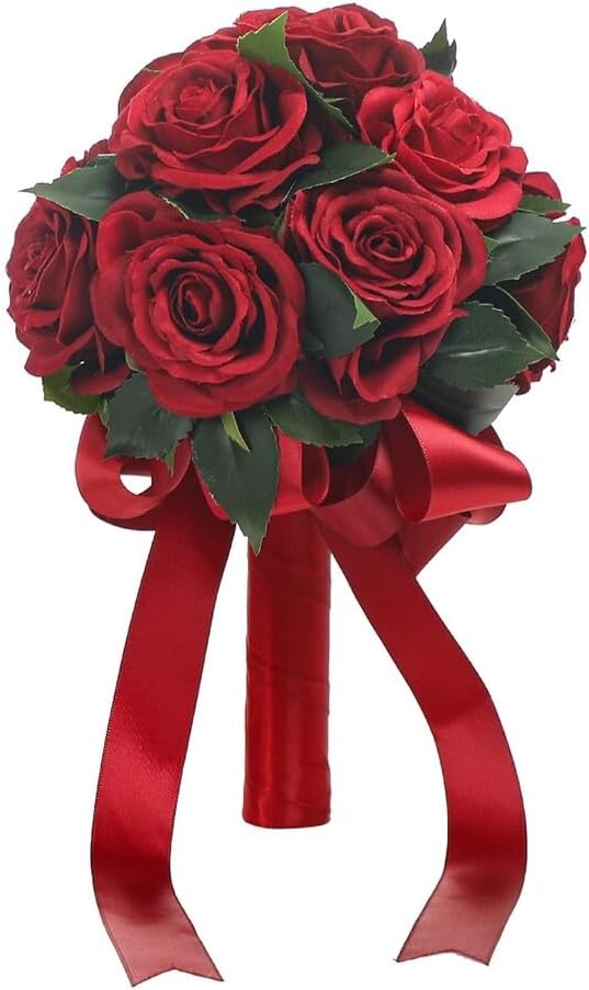Wedding Bouquet Bride Flower Bridal Bouquets, Ribbon Artificial Rose Wedding Bouquets for Bride Bridesmaid Bouquet Dark Red Rose Bouquet Bride Bridesmaid Holding Flower for Wedding Decor