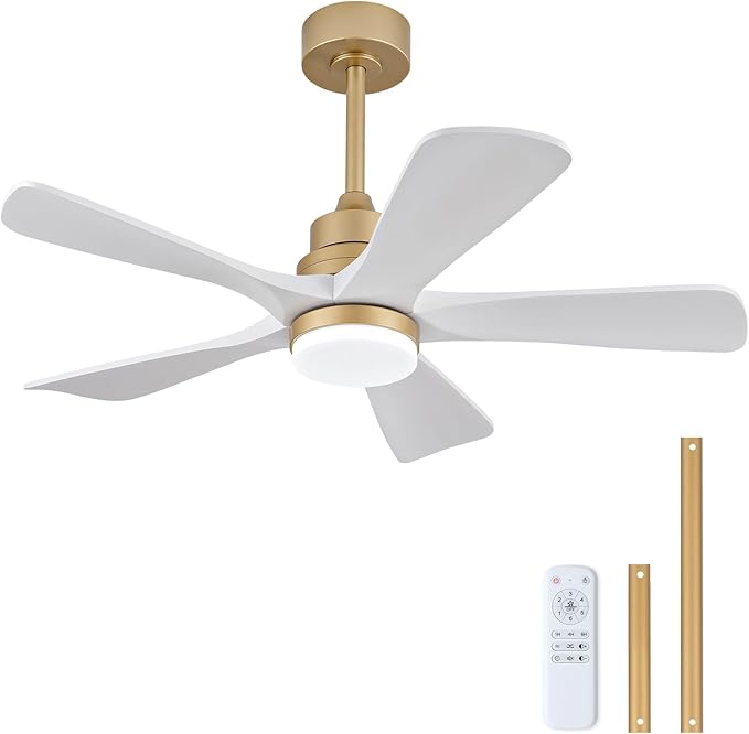 BOJUE 42 Inch Ceiling Fans with Lights and Remote Control, White Gold Ceiling Fan with Light for Bedroom, Noiseless DC Motor, Dimmable Led 5 Solid Wood Blades