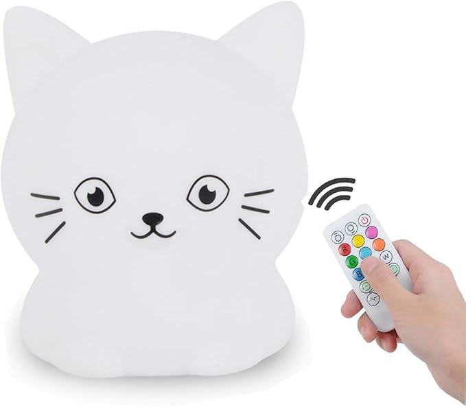 Cat Night Light, Rechargeable LED Bedside Lamp for Children, 9 Changeable Colors Silicone Nursery Lamp for Breastfeeding, Eyes Caring, Tap Adjustable Brightness & Color, Remote Control