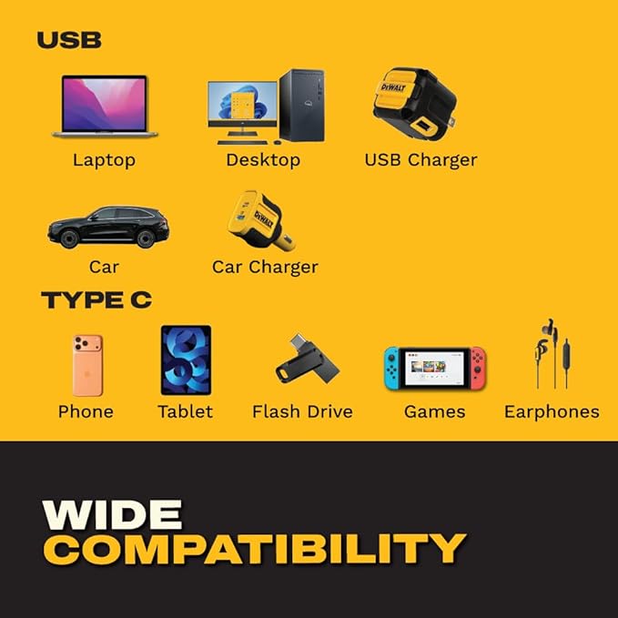 DEWALT Heavy Duty USB-C Female to USB-A Male Adapter 4 Pack w/Case – Fast Charging 3.0 Converter 5Gbps Data Transfer, Compact Durable USB to USB-C Adapter for Laptops iPhone Samsung Android Devices
