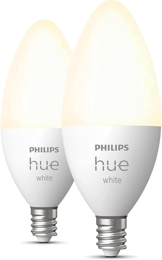 Philips Hue Smart 40W B39 Candle-Shaped LED Bulb - Soft Warm White Light - 2 Pack - 450LM - E12 - Indoor - Control with Hue App - Works with Alexa, Google Assistant and Apple Homekit