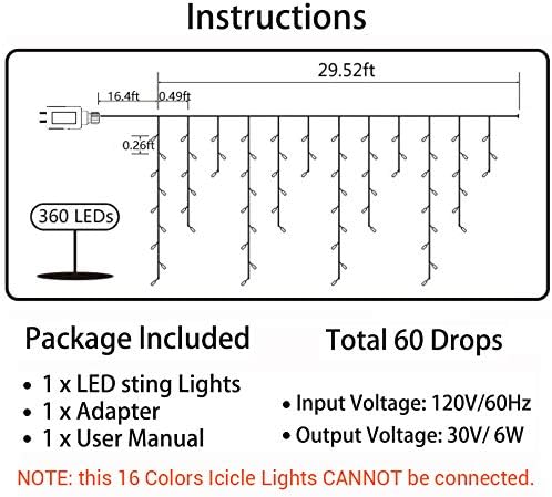 Toodour Christmas Icicle Lights Outdoor, RGB Color Changing Icicle Light with 60 Drops, 29.5ft 360 LED Christmas Lights - Window Fairy Twinkle Light for Home, Garden, Outdoor Xmas Decorations