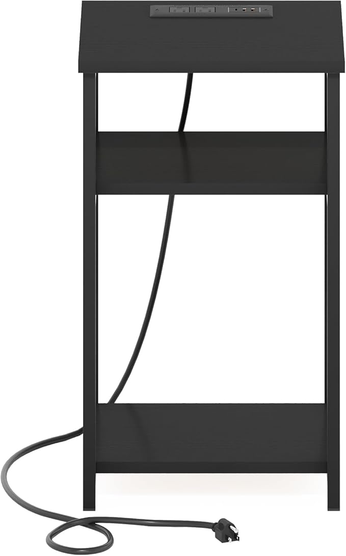 Furinno Moretti Side Table, 3-Tier End Table with Charging Station, Metal Frame Night Stand, Bedside Table with USB and Type-C Charging Port, for Living Room, Bedroom, Americano