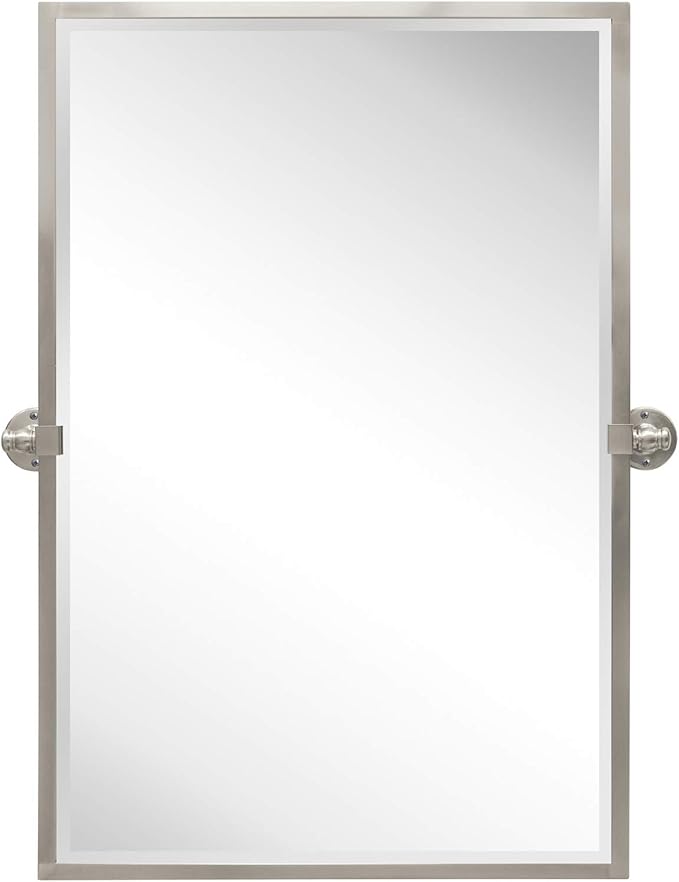 TEHOME 28.5 x 36 inch Brushed Nickel Metal Framed Pivot Rectangle Bathroom Mirror in Stainless Steel Tilting Beveled Vanity Mirrors for Wall