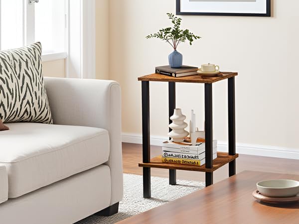 TUTOTAK End Table, Side Table, Nightstand, 2-Tier Storage Shelf, Sofa Side Table for Small Space, Living Room, Bed Room Brown and Black TB01BB034