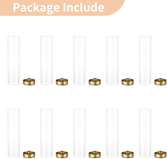 NUPTIO Hurricane Glass Candlestick Holders: 10 Set Bulk Gold Taper Candle Holder Metal Candle Stick Stand with 11.81 inch Tall Windproof Clear Seelves for Outdoor & Indoor Wedding Party Holiday Decor