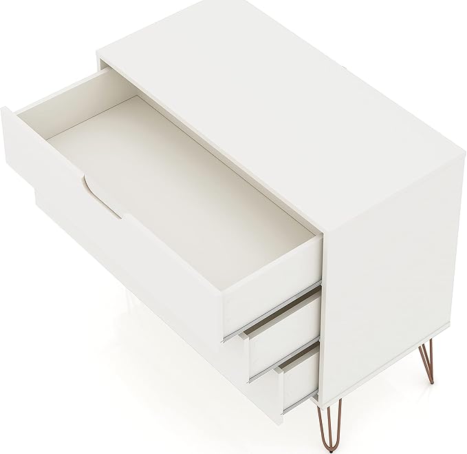 Manhattan Comfort Rockefeller 3 Drawer Dresser for Bedroom Storage, Nursery, Closet, Living Room, Entryway, TV Stand for Screens up to 32 Inches, Anti-Tip Kit Included, Set of 1, White