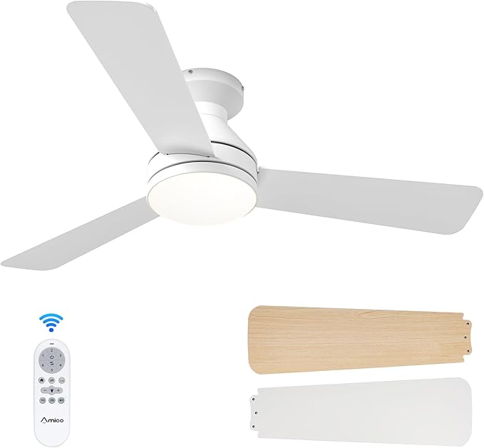 Amico Ceiling Fans with Lights, 42 inch Low Profile Ceiling Fan with Light and Remote Control, Flush Mount, Reversible, 3CCT, Dimmable, Noiseless, White Ceiling Fan for Bedroom, Indoor/Outdoor Use