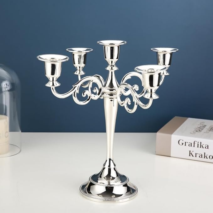 Black Candelabra Candle Holders for Pillar Candles 10.6 inch Tall, 5 Candle Candlestick Holder for 1/2-1 inch Taper Candles Halloween Candelabra Decoration Easy Assembly (Silver)