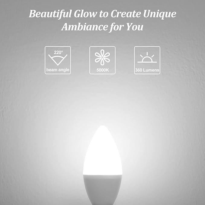 Brightever E12 Candelabra LED Light Bulbs 40W Equivalent, 4W Small Candle Light Bulbs Daylight White 5000K, Type B Ceiling Fan Lightbulbs for Chandelier, Table Lamps, Non-Dimmable, Pack of 12