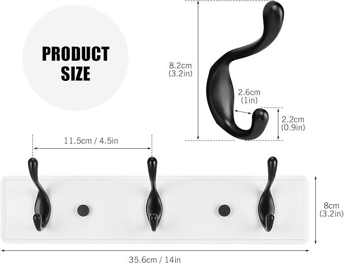 Wooden Coat Rack, Wall-Mounted Organizer for Closet, Entryway, Hallway, Foyer, Bedroom, Heavy Duty Double Hooks for Hanging Towels, Bags, Hats, Jackets, Key (WhiteBlack, 3 Hooks)