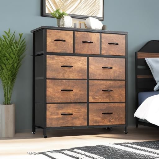 YITAHOME Dresser for Bedroom with 9 Drawers - Fabric Storage Tower, Tall Chest Organizer Unit for Living Room, Entryway, Closets with Sturdy Steel Frame, Wooden Top, Brown