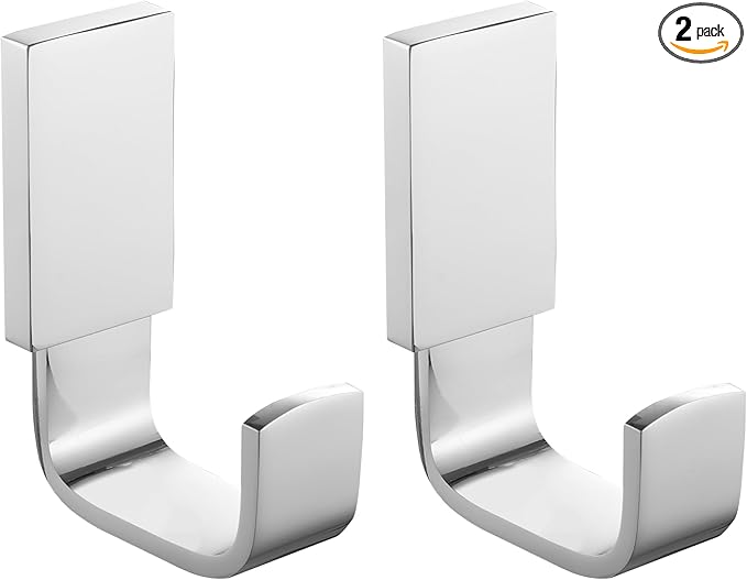 BESy Brass Clothes Hook Single Towel Hook for Bathroom Kitchen Garage Square Style Robe Hooks Coat and Hat Hook, Self Adhesive with Glue or Wall Mounted with Screws, Two Packs, Polished Chrome