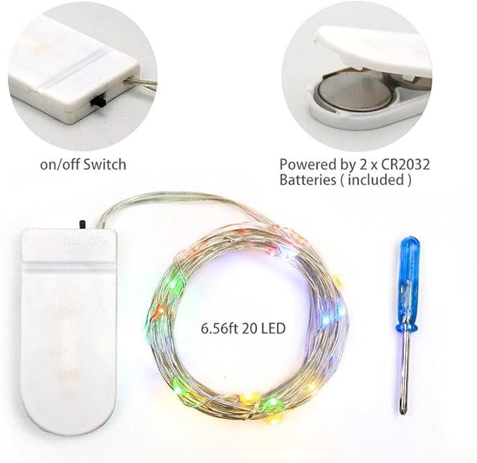 Fairy Lights CR2032 Battery Operated,6.6Ft/2Meter 20 LEDs Micro Silver Wire String Lights for Bedroom Christmas Party Wedding Decoration (Multi-Colour, 6 Pack)