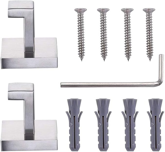 TASTOS Bath Towel Hooks Brushed Nickel, 2 Pack Stainless Steel Robe Coat and Clothes Hook, Heavy Duty Wall Hook for Bathroom & Kitchen, Modern Square Style Wall Mounted (Silver)