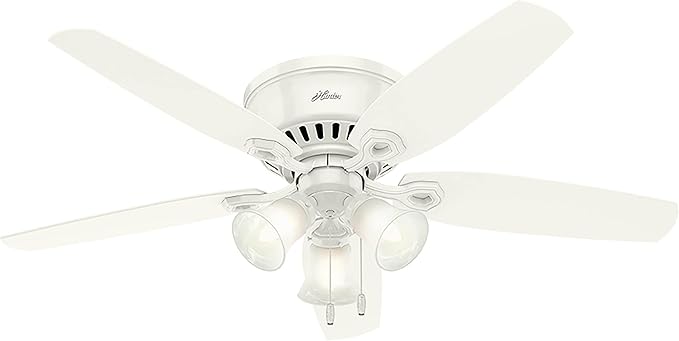 Hunter 52 inch Indoor Ceiling Fan with LED Lights - White Ceiling Fan with Pull Chain, For Bedroom, Living Room, or Kitchen, Low Profile Mount, No Remote, 5 Blades - Builder 53326, Snow White