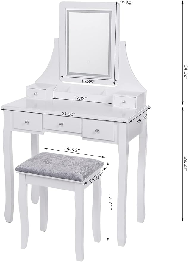 BEWISHOME Vanity Desk, Girls Vanity Set with Mirror and Lights,Small Makeup Vanity Table with 5 Drawer & Stool,Dressing Table with 3 Colors Lighting Adjustable Brightness for Girls White FST07W