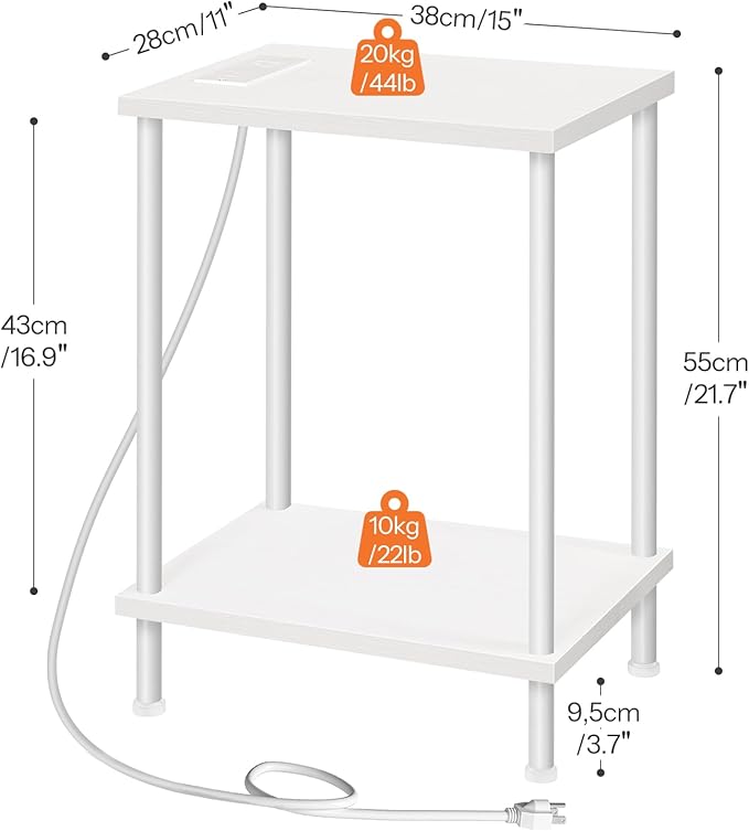 HOOBRO Side Table with Charging Station, End Table with USB Port and Outlets, Nightstand with 2-Layer Storage Shelves for Small Spaces, Living Room, Bedroom, White WW09UBZ01