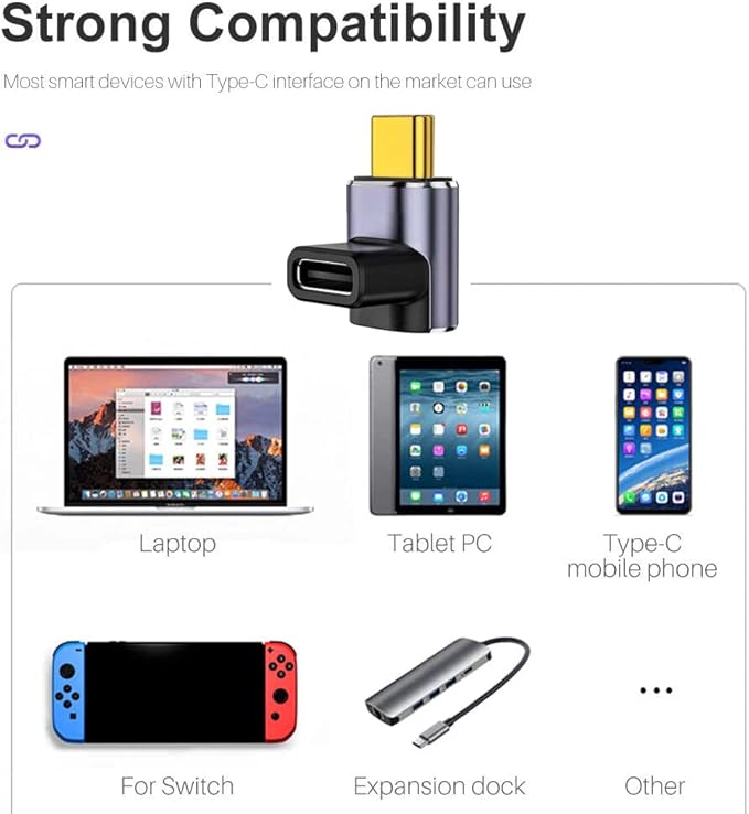 90 Degree USB-C Angled Adapter - 2 Pack, 40Gbps, 8K @ 60Hz, USB 3.1, Right Angle Extension for Laptop, Tablet, VR, Camera, Smartphone