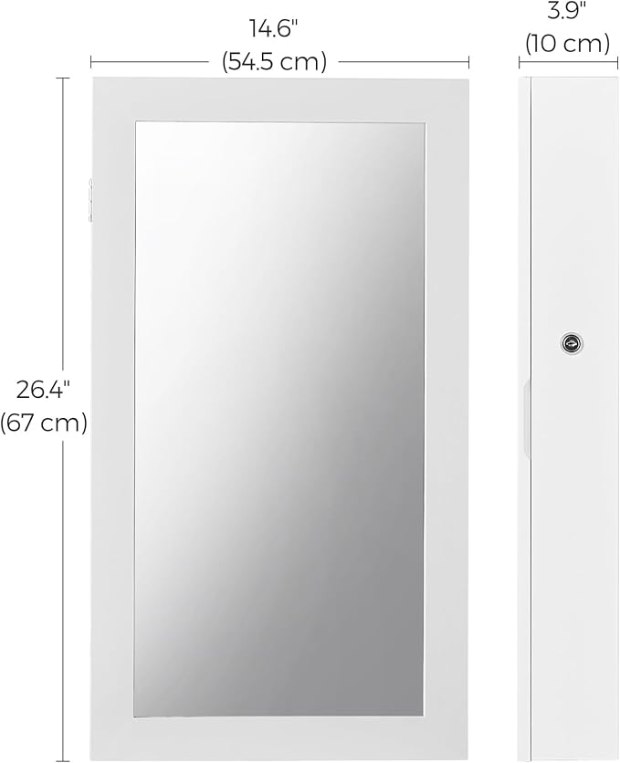 SONGMICS Lockable Jewelry Cabinet Armoire with Mirror, Wall-Mounted Space Saving Jewelry Storage Organizer, Christmas Gift, White UJJC51WT